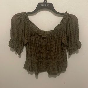 Army Green Slightly Ruffled Striped Blouse, Size M